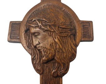 Wood Wall Cross Jesus Crown Thorns Carved Wood Religious Decor Vintage Art
