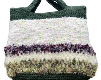 Handmade Crochet Tote Bag OOAK Boho Textured Upcycled Ecko Lining Artisan Purse