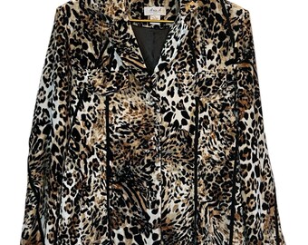 Camisa de terciopelo con estampado de leopardo para mujer, talla L, color marrón, forrada en seda, estilo grunge vintage Y2K.