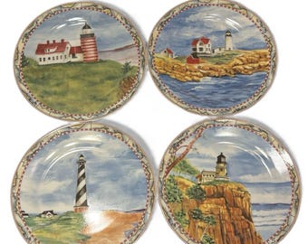 Piatti Faro American Atelier 8 in Porcellana Decorazione Costiera Nautica Set 4