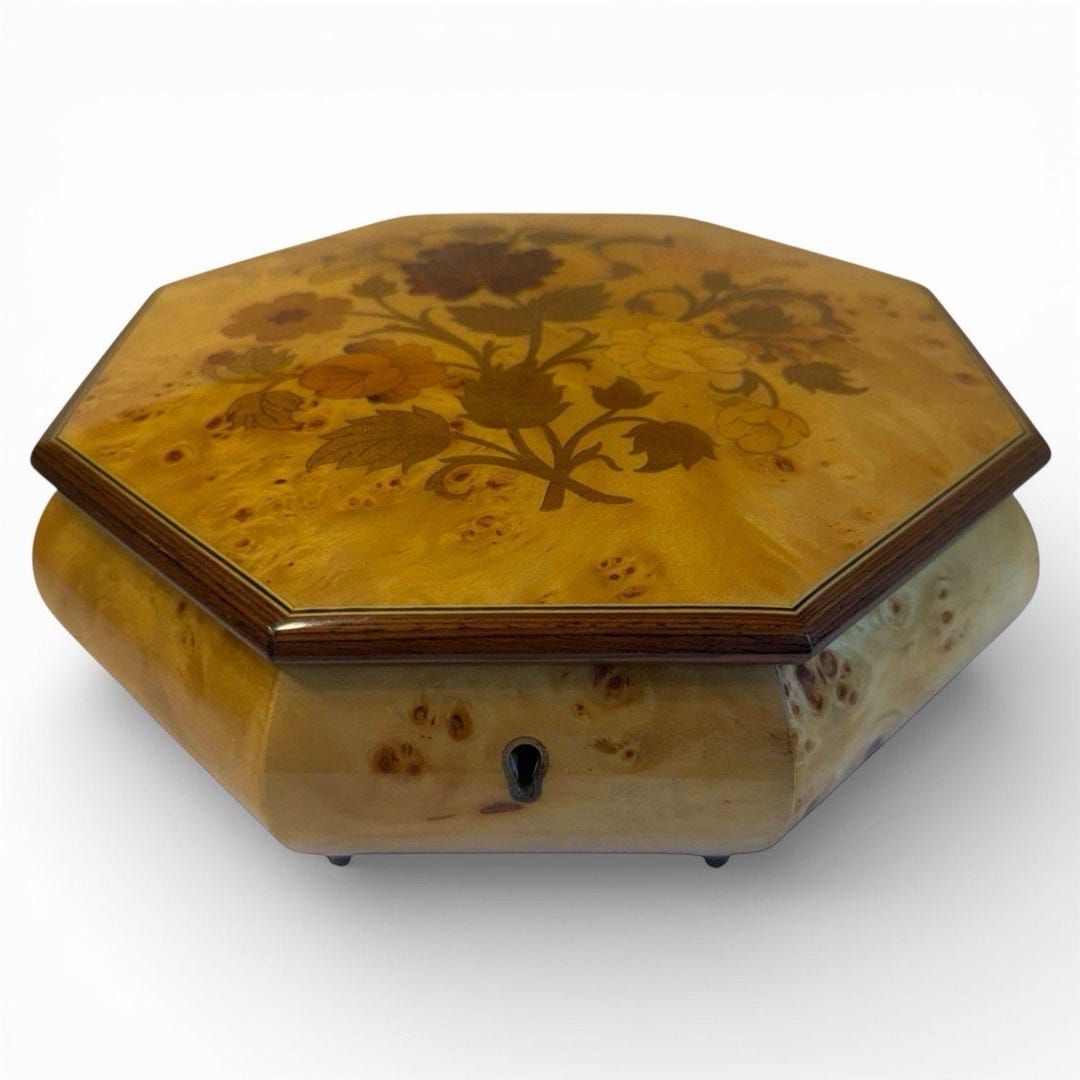 Reuge Vintage 1980s Swiss Music Box Jewelry Octagon Burl Floral