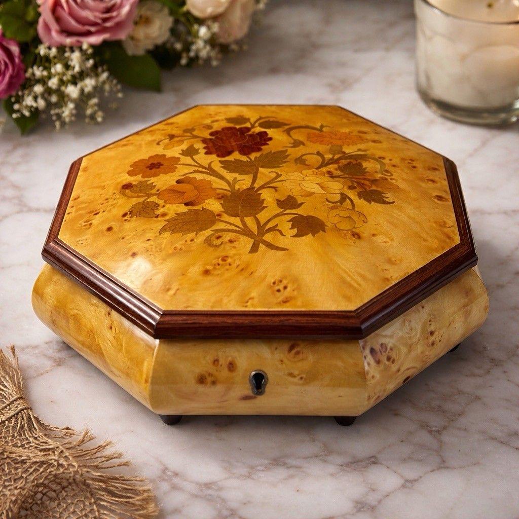 Reuge Vintage 1980s Swiss Music Box Jewelry Octagon Burl Floral