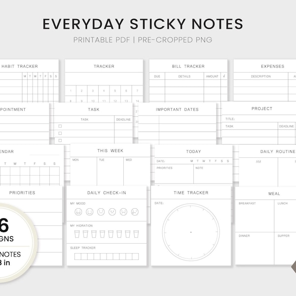 Everyday Sticky Notes | Minimal + Functional Memo Pads | Printable PDF,  Cropped PNG for Digital Planner | Instant Download