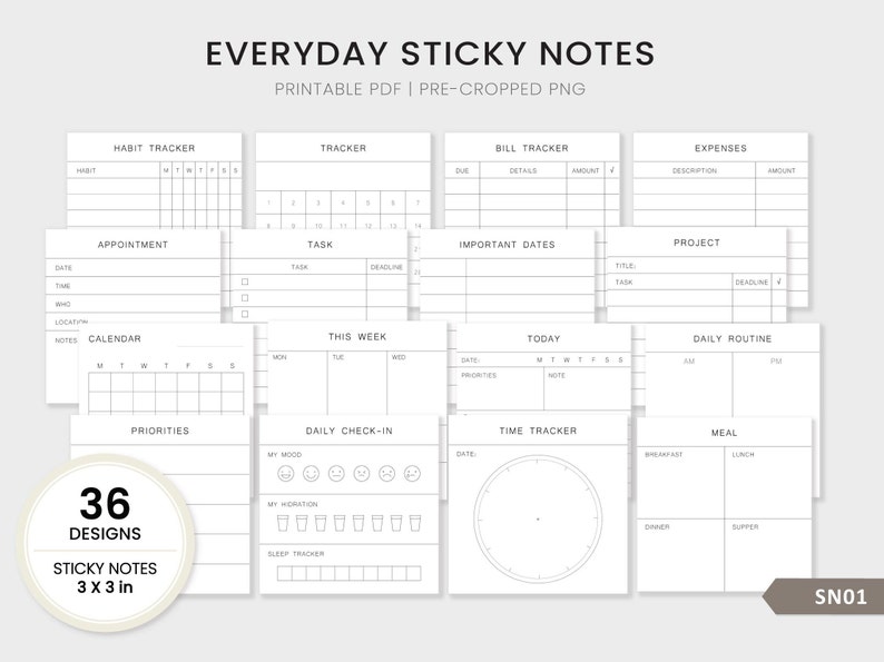 Everyday Sticky Notes Minimal Functional Memo Pads Printable PDF, Cropped PNG for Digital Planner Instant Download image 1