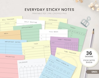 Minimalist Everyday Sticky Notes: 36 Designs, 3"x3" Printable PDF & PNG