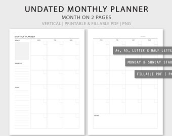 Undated Monthly Planner on Two Pages | Vertical Printable & Fillable Planner | Monthly Organizer | PNG | Filofax A5 | Instant Download