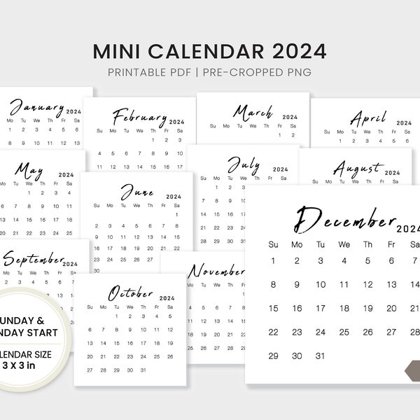 Calendar 2024 | Mini Calendar 3x3 | Desk Calendar | Printable Planner Card | PDF & Cropped PNG for Digital Planner | Instant Download