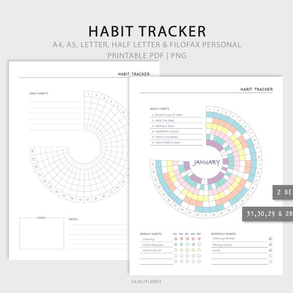 Circle Habit Tracker / Seguimiento de hábitos mensuales imprimibles / Desafío de hábitos / Planificador de motivación / PNG / Filofax A5 / Descarga instantánea