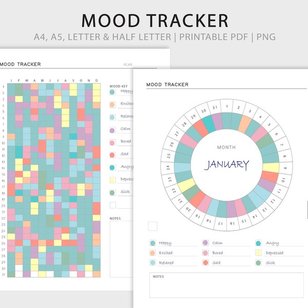 Mood Tracker Printable | A Year in Pixels | Monthly Circular Mood Chart | Mood Chart Bullet Journal | PNG | Instant Download
