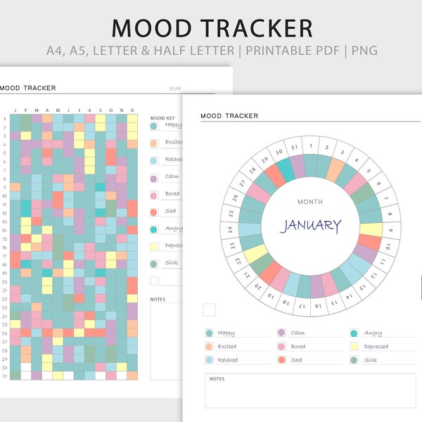 Stimmungstracker Printable | Ein Jahr in Pixel | Monatliches kreisförmiges Stimmungsdiagramm | Mood Chart Bullet Journal | PNG | Sofort Download