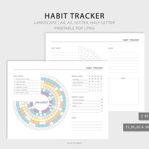 Op de afbeelding: Printbare gewoontetracker in landschapsformaat met twee ontwerpen. Het eerste ontwerp heeft een cirkelvormige gewoontetracker met een kleurrijk raster voor dagelijkse gewoonten. Het tweede ontwerp heeft een raster voor wekelijkse en maandelijkse gewoonten met ruimte voor notities en doelen. De tekst "HABIT TRACKER" staat bovenaan de pagina.