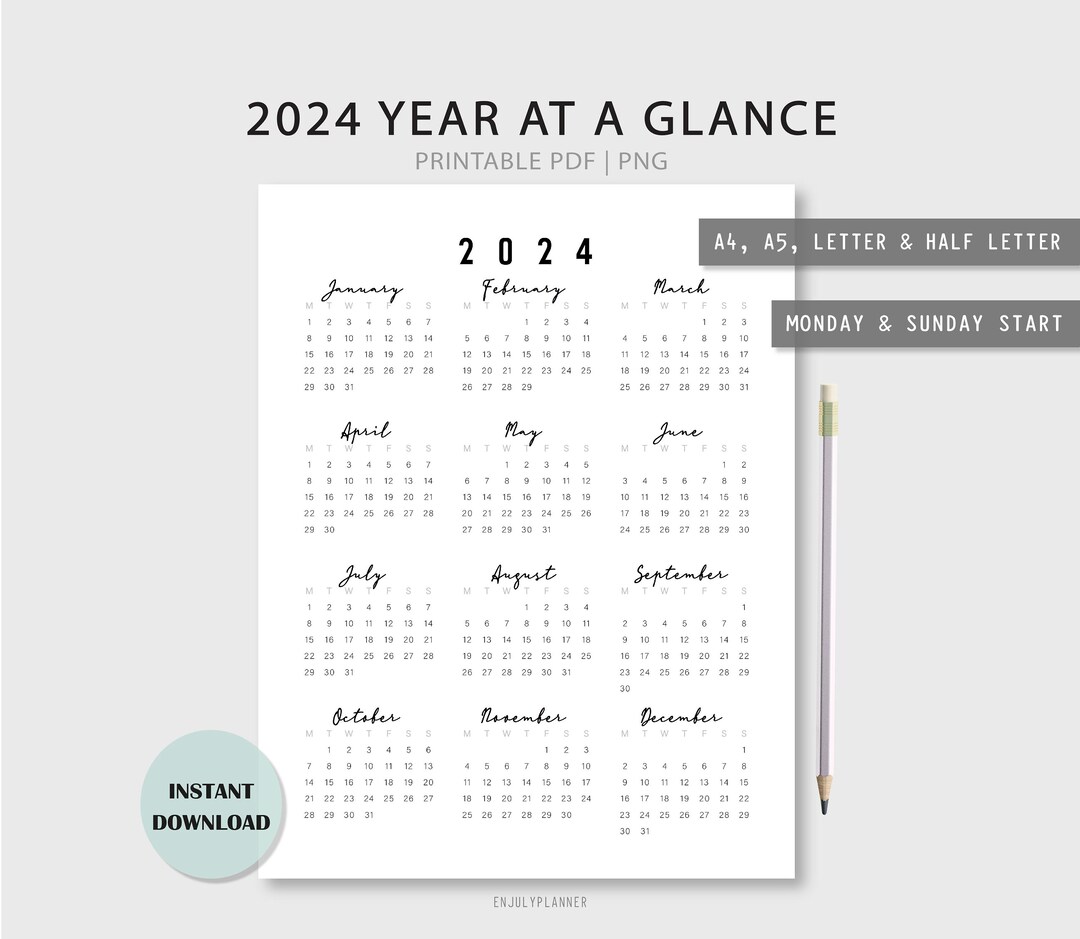 2024 Calendar Printable Yearly Calendar 2024 Year at a Glance A4, A5 ...