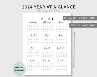 2024 Calendar Printable | Yearly Calendar 2024 | Year at a Glance | A4, A5, US LETTER | Printable Planner | Monday & Sunday Start