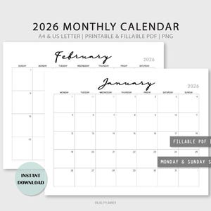 May include: A minimalist 2026 monthly calendar design in black and white. The calendar features the months of January and February, with a simple grid layout for each day. Text includes "2026 Monthly Calendar" and "Instant Download."