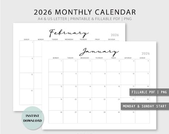 2026 Monthly Calendar: Fillable Printable, A4 & US Letter | PDF PNG
