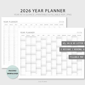 May include: Two minimalist 2026 year planners in grey and white. The text reads "2026 Year Planner" and "Year at a Glance". Includes A3, A4, and US Letter sizes. Features two designs, minimal and grey, and is a fillable PDF and PNG.