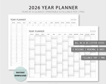 Planificador anual 2026: Resumen anual horizontal (PDF editable, PNG)