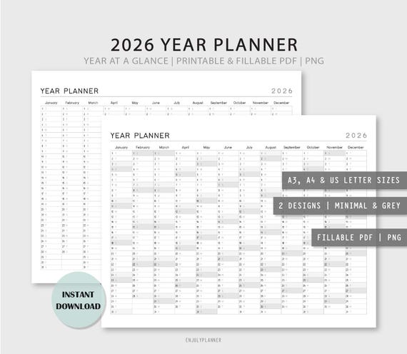 2026 Yearly Planner: Horizontal Year At A Glance (Editable PDF, PNG)