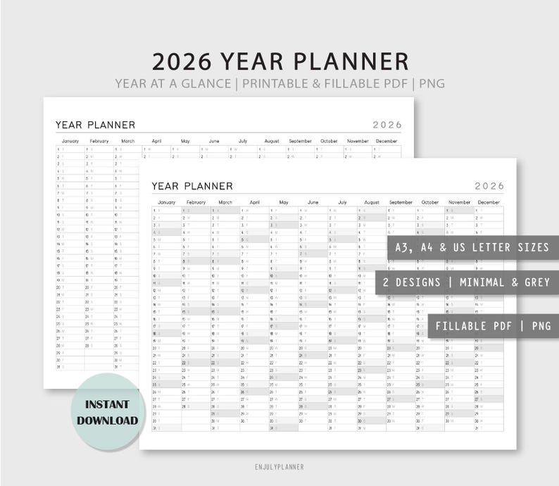 May include: Two minimalist 2026 year planners in gray and white. The text reads "2026 Year Planner" and "Year at a Glance". Includes A3, A4, and US Letter sizes. Features two designs, minimal and gray, and is a fillable PDF and PNG.