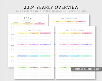 2024 Calendar | Yearly Overview | Birthday Tracker | Important Dates Tracker | Printable Fillable PDF | Monday & Sunday Start