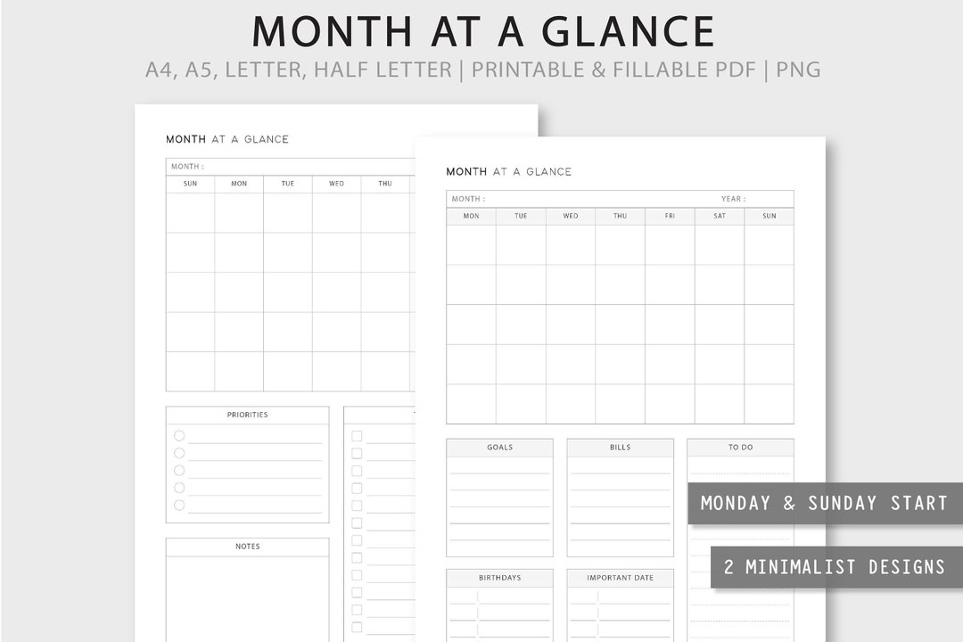 Month at a Glance | Printable Monthly Dashboard, Goals, to Do List ...