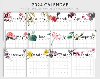 2024 Printable FILLABLE Chinese Ink Painting Calendar | Floral Monthly Planner | Calendar Template | A4, US LETTER | Monday & Sunday Start