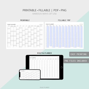 May include: A digital planner with printable and fillable PDF options. The image shows a year planner for 2026, displayed on paper, a tablet, and a smartphone. The text includes "Printable," "Fillable PDF," and "PNG files included."