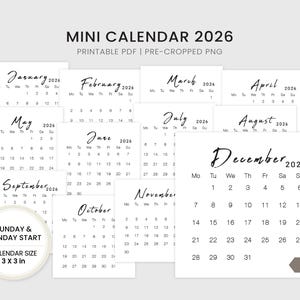 2026 Mini Calendar: 3x3&quot; Printable Planner Card (PDF & PNG Download)