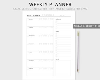 Weekly Planner | Undated Printable Weekly Agenda | Week At A Glance | Printable Fillable PDF | PNG | A4/A5/Letter/Half Letter