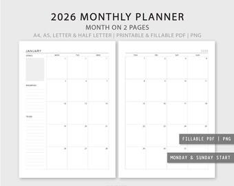 2026 Monthly Planner: Printable Vertical Layout (Fillable PDF & PNG)