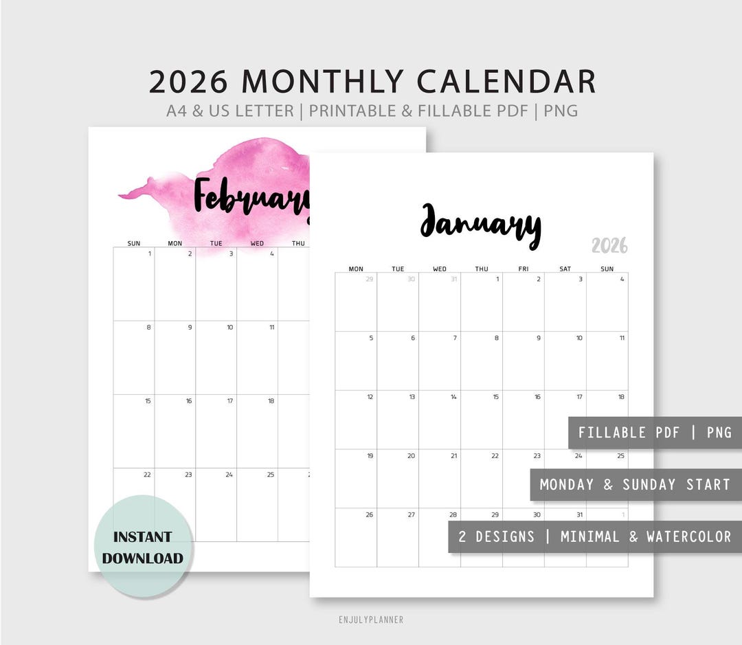 2026 Monthly Calendar: Fillable Printable (A4, US Letter) (PDF) - Etsy
