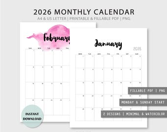 2026 Monthly Calendar: Fillable Printable (A4, US Letter) (PDF)