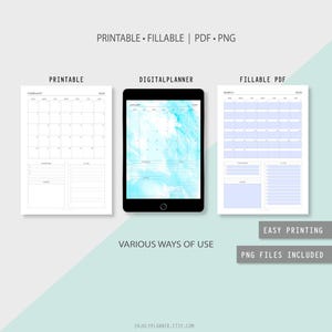 May include: A digital planner with a blue watercolor background. The planner includes a printable calendar, a fillable PDF calendar, and a digital planner. The text "PRINTABLE. FILLABLE | PDF. PNG" is at the top of the image. The text "EASY PRINTING" and "PNG FILES INCLUDED" is at the bottom of the image.