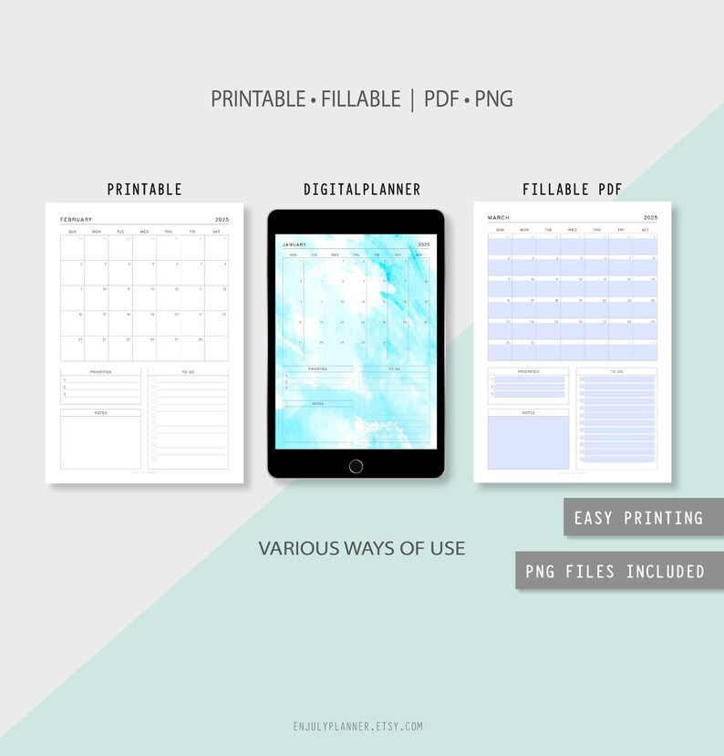 May include: A digital planner with a blue watercolor background. The planner includes a printable calendar, a fillable PDF calendar, and a digital planner. The text "PRINTABLE. FILLABLE | PDF. PNG" is at the top of the image. The text "EASY PRINTING" and "PNG FILES INCLUDED" is at the bottom of the image.