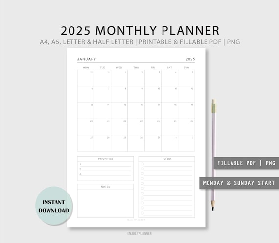 2025 Monthly Planner: Fillable Vertical Calendar (Digital Download)