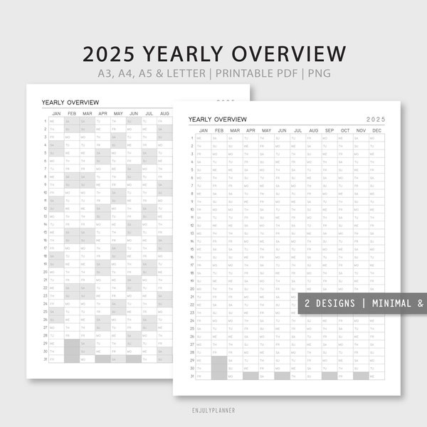 2025 Yearly Planner Printable | Yearly Overview | Yearly Tracker | Year At A Glance Printable | PNG | Instant Download