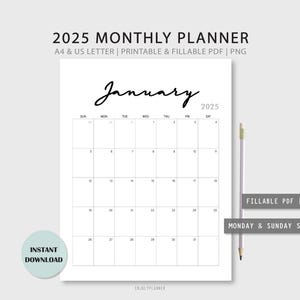 Calendario mensual 2025 / Calendario vertical rellenable e imprimible / Plantilla de calendario / A4, tamaño carta de EE. UU. / Inicio lunes y domingo