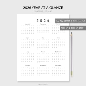 May include: A printable 2026 calendar with a black and white design. The calendar is formatted with a Monday and Sunday start. The calendar includes all 12 months of the year, with each month displayed in a separate box. The calendar is labeled "2026 Year at a Glance" and "A4, A5, Letter & Half Letter, Monday & Sunday Start".