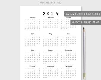 2026 Year At A Glance Calendar: Minimalist Planner (Digital Download)