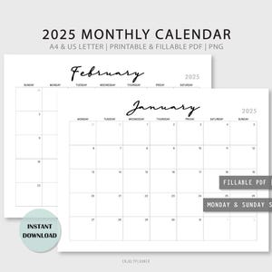 2025 Monthly Calendar | Printable Fillable Landscape Calendar | Calendar Template | A4, US LETTER | Monday & Sunday Start