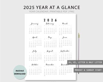2026 Year At A Glance Calendar: Minimalist Printable (Digital Download)