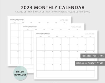 2024 Monthly Planner | Printable Monthly Calendar | Printable Planner | Minimal | PNG | Filofax A5 | Instant Download