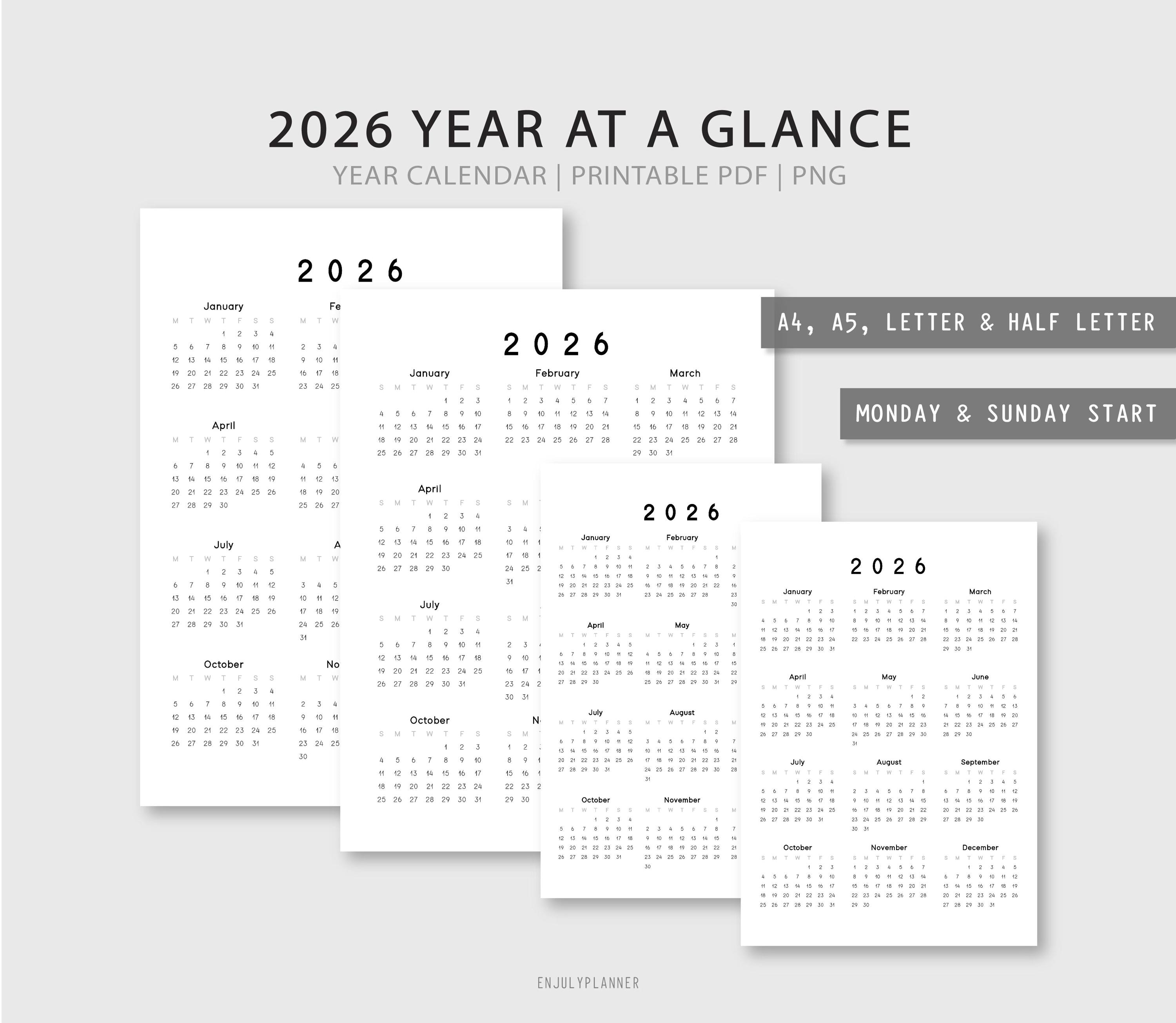 2026 Year at A Glance Calendar: Minimalist Planner (digital
