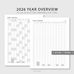 May include: A printable 2026 year overview calendar in a minimalist grey design. The calendar is divided into months with each month having a grid of 31 days. The calendar is available in A3, A4, A5, and Letter sizes.