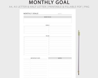 May include: Printable monthly goal planner with sections for main focus, goals, to do, important dates, and notes. The planner is designed for A4, A5 letter, and half letter sizes.