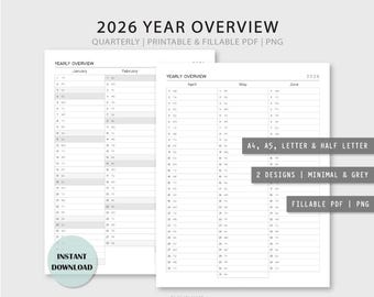 2026 Yearly Planner Printable: Fillable Year At A Glance (Instant Download)