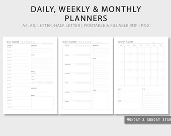 Printable Daily, Weekly, Monthly Planner Bundle (Fillable PDF)