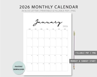 2026 Monthly Calendar: Fillable Printable Template (A4, US Letter)