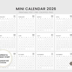 2026 Mini Calendar: 3x3&quot; Printable Planner Card (PDF & PNG Download)