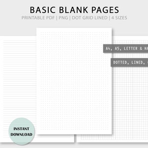 Planificador en blanco imprimible / Páginas en blanco / Papel cuadriculado, rayado y de puntos / Filofax A5, A4, carta / Recambios para planificador / Descarga instantánea